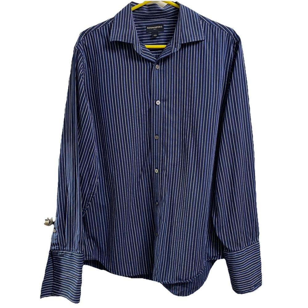 Banana Republic Men Long Sleeve Button Down Stripe Blue&White Dress Shirt Sz.L